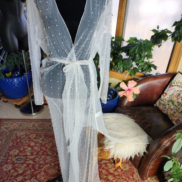 Davi & Dani Boho Sheer Pearl & rhinestone Longline Kimono Duster Cover Up 2X - Picture 1 of 15